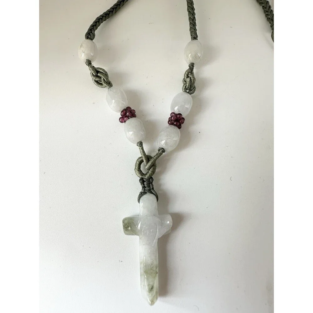 Natural Jade Carved Cross Necklace With Garnet Bead 26”